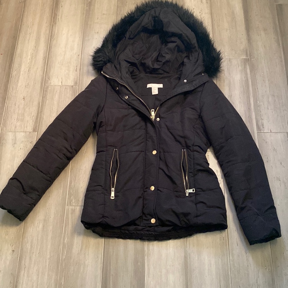 H&M Black Winter Puffer Jacket with Faux Fur Hood and Gold Accents, Size 2
